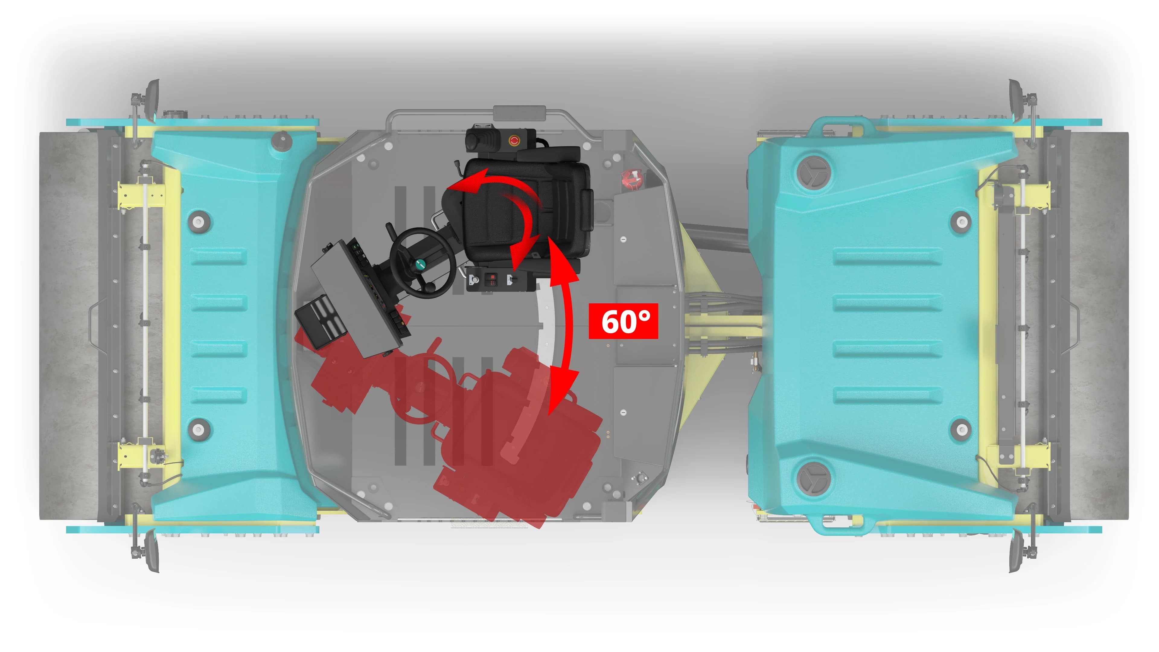 Ammann ARX 90.2-2 operator platform seen from above, with the seat swivelling 60°